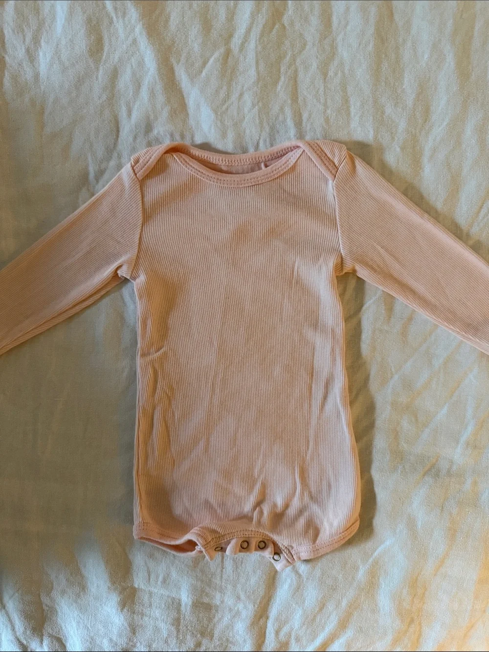 Long-Sleeve Ribbed Baby One-Piece in Light Peach